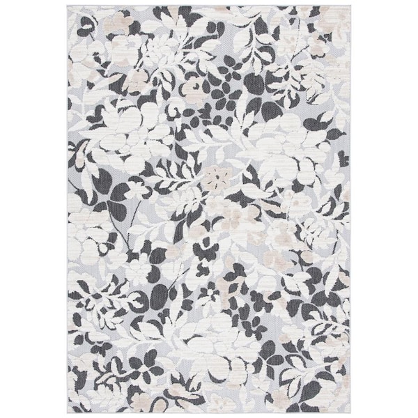Cabana Ivory/Charcoal 4 ft. x 6 ft. Floral Striped Indoor/Outdoor Patio  Area Rug