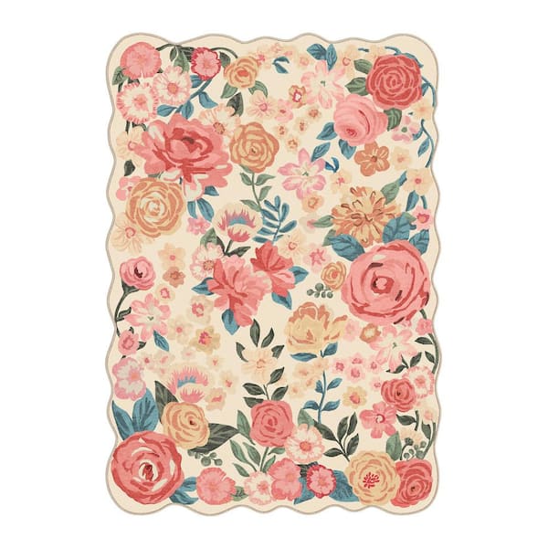 Bella Beige/Pink 5 ft. x 7 ft. Floral Washable Area Rug