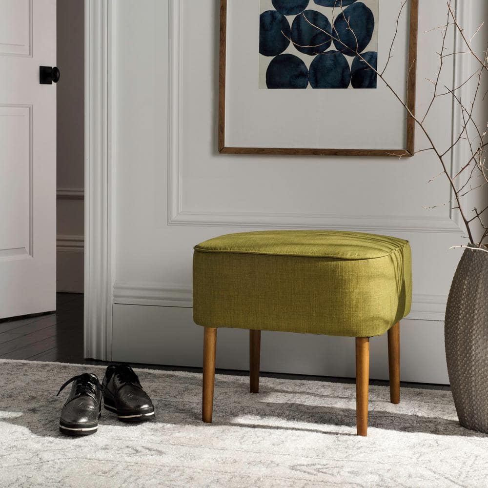 Transitional Eli Tufted Round Green Ottoman with Oak Wood Legs