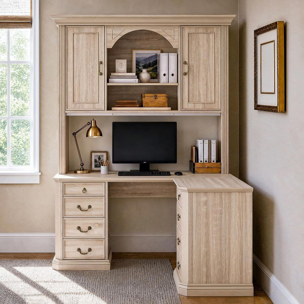 62.4 in. L-Shaped Natural Wood 8-Drawer Desk with Storage Shelves, Cabinet Doors, Accent Design For Home Office