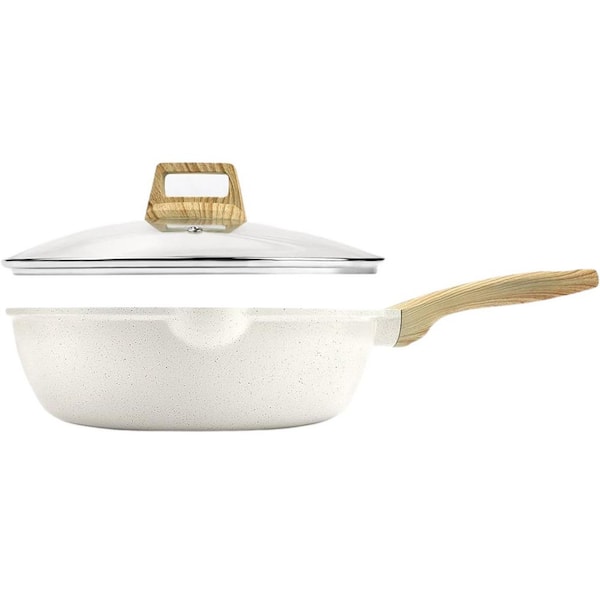 9.5 Inch White Granite Nonstick Deep Frying Pan with Lid, Cast Aluminum, Induction Compatible Saute Pan Set