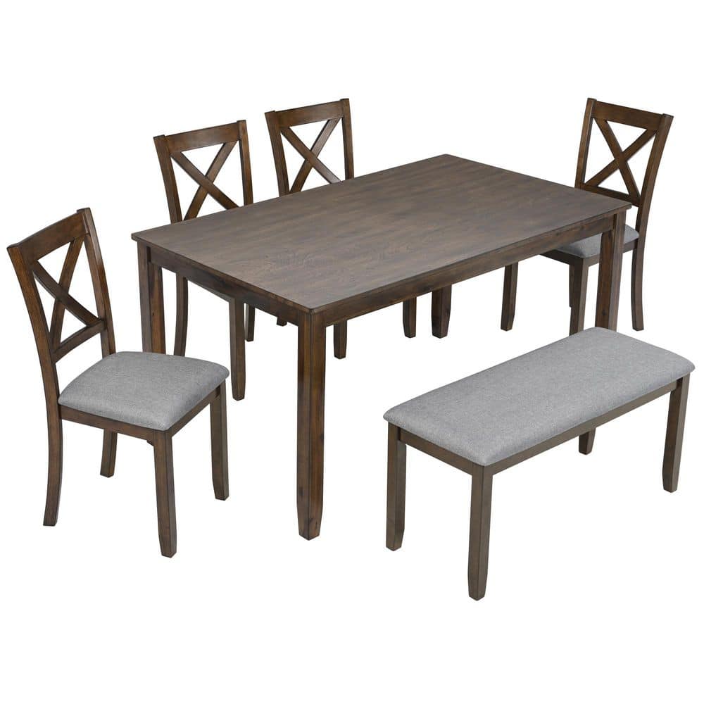 6PCs Kitchen Dining Set, Rectangular Wooden Dining Table with 4 Upholstered Chairs and a Bench, Walnut