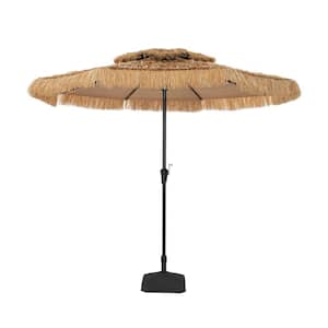 9 ft. Outdoor Double Layer Hawaiian Style Market Umbrella in Brown with Base and Crank Tilt