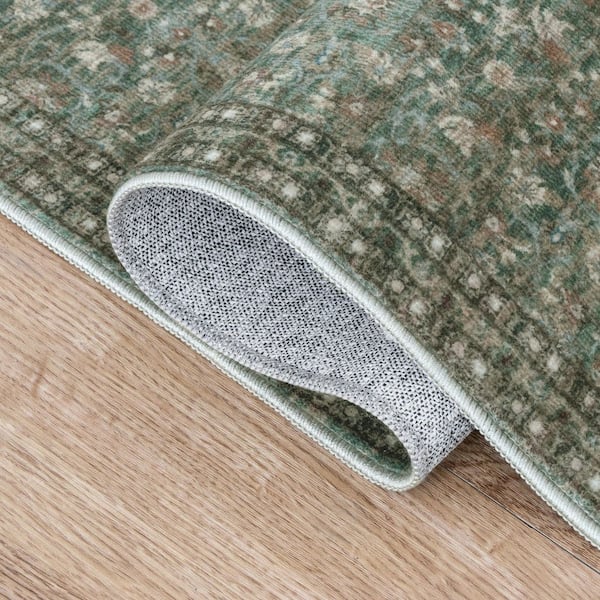Petunia Distressed All-Over Floral Border Non-Slip Machine-Washable Green/Brown 8 ft. x 10 ft. Area Rug