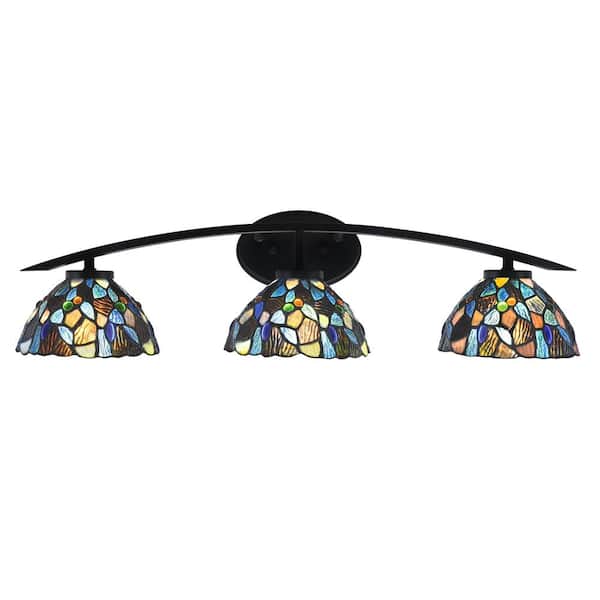 Unbranded Siena 29 in. 3-Light Vanity Light Matte Black with Blue Mosaic Art Glass Shades