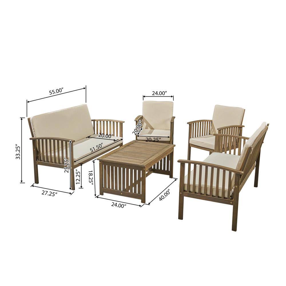 Gray and Cream 5-Piece Acacia Wood Outdoor Sofa Set