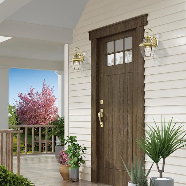 Aston 14 in. 1-Light Antique Brass Outdoor Hardwired Wall Lantern Sconce with No Bulbs Included