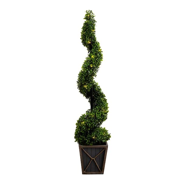 Nearly Natural 45 in. UV Resistant Artificial Boxwood Spiral Topiary Tree with LED Lights in Decorative Planter (Indoor/Outdoor)