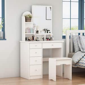 5-Drawers Wood Dresser Makeup Vanity Sets in White With Stool, Mirror (55.1 in. H x 31.5 in. W x 15.7 in. D)