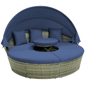 PE Wicker Outdoor Round Day Bed with Retractable Canopy and Navy Cushions