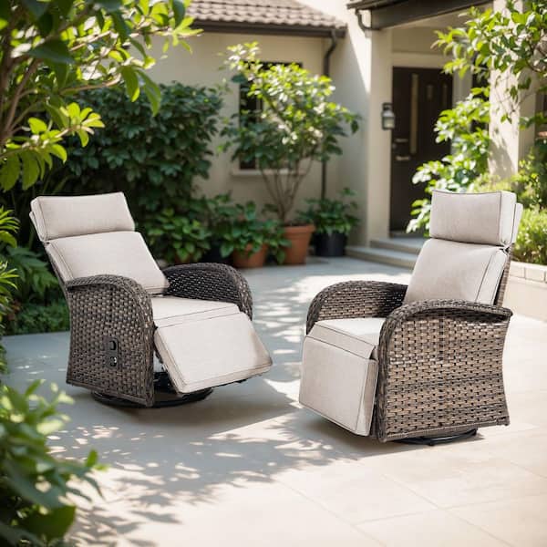 Plain Curve 2-Piece Brown Wicker Outdoor Adjustable Swivel Recliner Chair with Beige Cushions