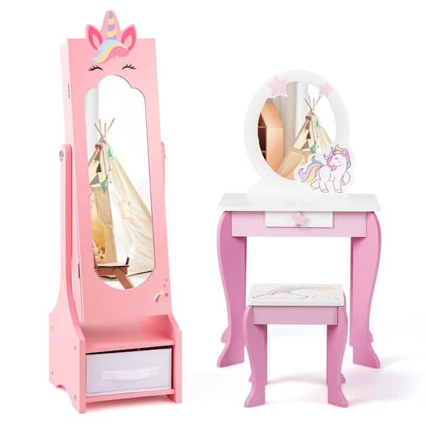 Costway Kids Vanity Set Princess Makeup Dressing Table and Chair Set with Jewelry Armoire Pink
