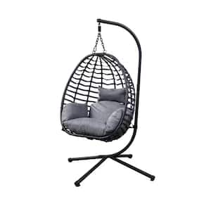 Modern Metal Outdoor Patio Swing Egg Chair Natural Color Wicker with Gray Cushion