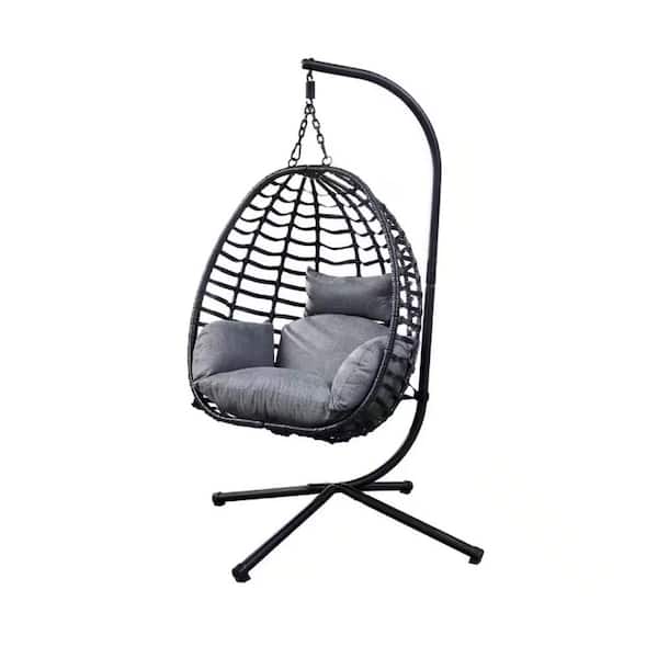 Sudzendf Modern Metal Outdoor Patio Swing Egg Chair Natural Color Wicker with Gray Cushion