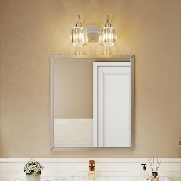 Merrin 14.3 in. 2-Light Brushed Nickel Bathroom Vanity Light with Crystal Shades