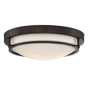 Meridian 13 in. W x 4 in. H 2-Light Semi-Flush Mount with Oil Rubbed Bronze Metal Ring and White Glass Shade
