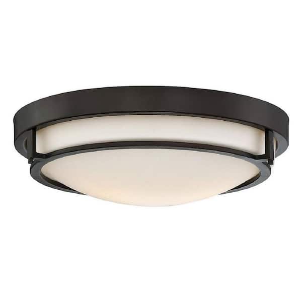 Savoy House Meridian 13 in. W x 4 in. H 2-Light Semi-Flush Mount with Oil Rubbed Bronze Metal Ring and White Glass Shade