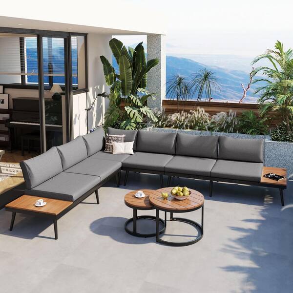 Zeus & Ruta 6-Piece Metal Outdoor Sectional Set with Round Coffee Tables and Seating Sofa with Gray Cushions for Patio Garden
