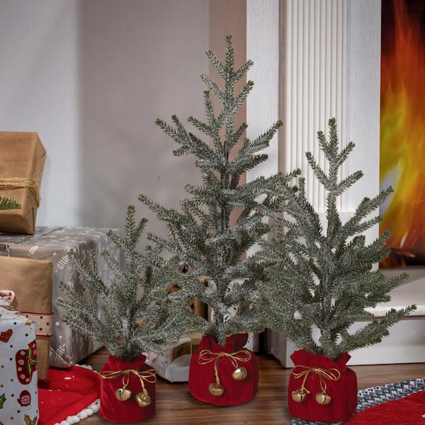 Set of 3 Holiday Pine Trees with Christmas Jingle Bell Base