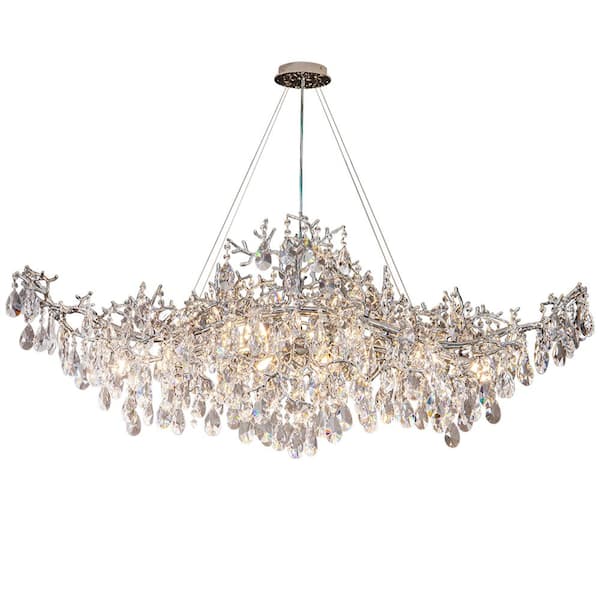 59 in. 18-Lights Silver Luxury Crystal Linear Chandelier Modern Branch Chandelier for Dinning Room, Kitchen, Living Room