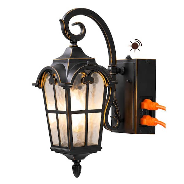 17.3 in. Black Dusk to Dawn Outdoor Wall Lantern Sconce Light with Built-in 2 GFCI Outlet