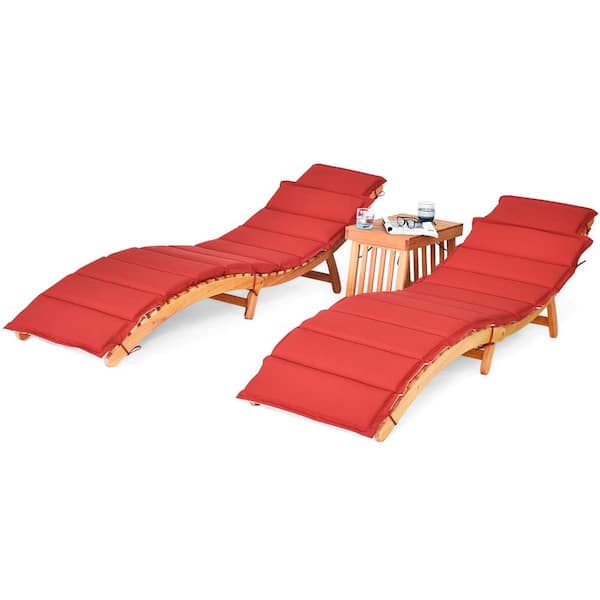 Alpulon Natural 3-Pieces Wood Folding Outdoor Chaise Lounge Sunlounger Chair with Red/White Cushion