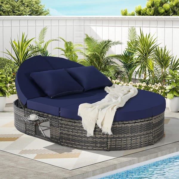 Gray Wicker Outdoor Day Bed with Dark Blue Cushions, Pillows, Adjustable Backrests and Foldable Cup Trays