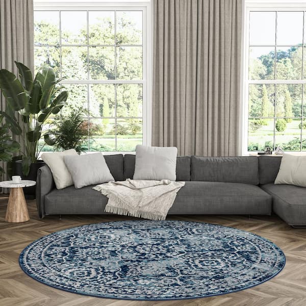 Diamond Damask Blue 6 ft. Round Indoor Area Rug