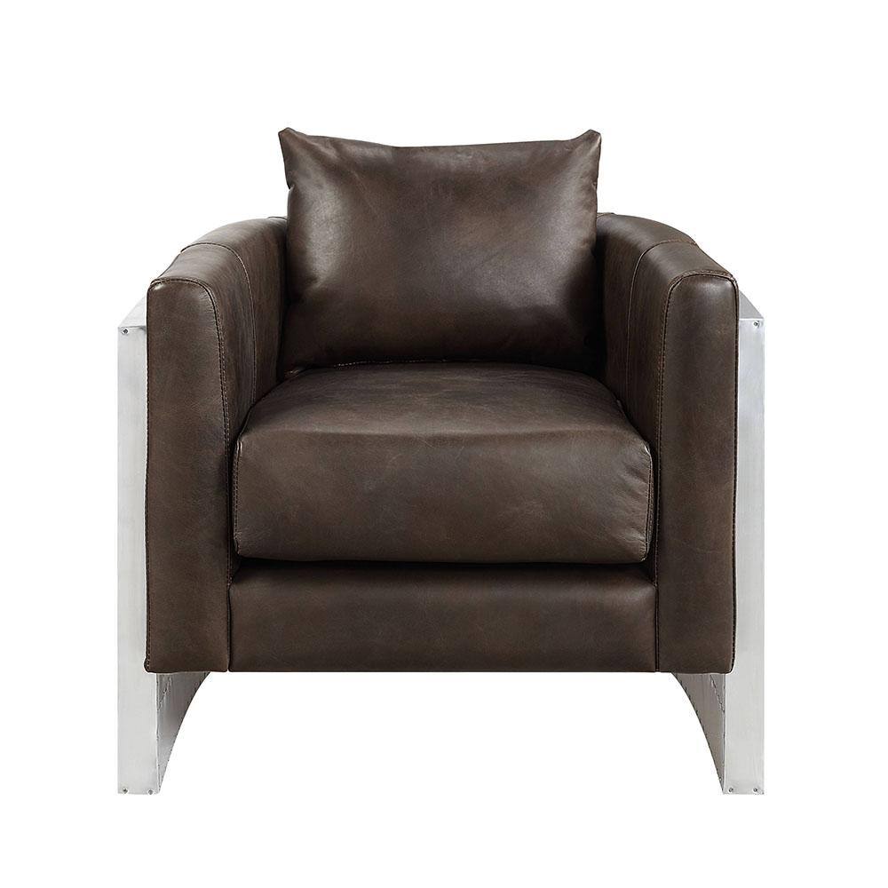 Espresso Brown Leather and Metal Industrial Accent Chair