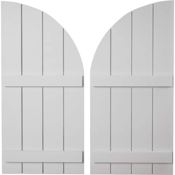 Ekena Millwork 22 in. x 38 in. Polyurethane Smooth Four Board Join.ed Board-n-Batten Quarter Arch Top Shutters Primed Tan