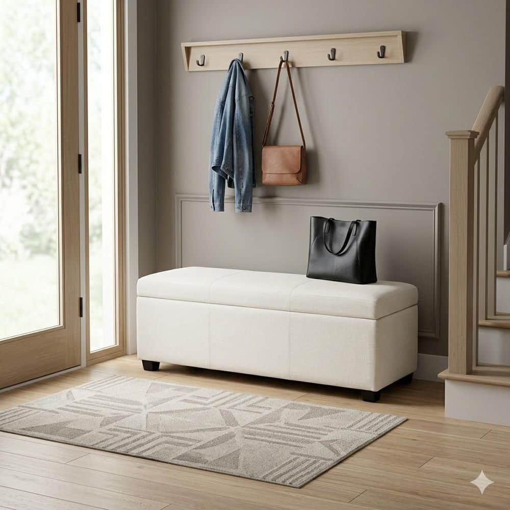 Avalon Ivory Boucle Upholstered Fabric Rectangle Storage Bench 48 in. W Ottoman