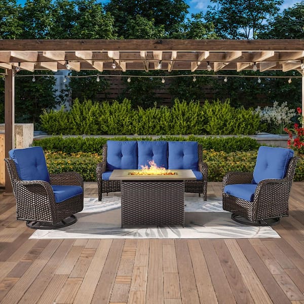 4-Piece Brown Wicker Outdoor Patio Rectangular Fire Pit Conversation Set with Blue Cushions and Swivel Rocker Chairs
