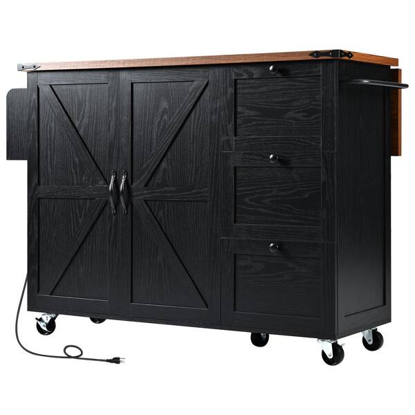 FUNKOL 54.5 in. Black Particle Board Rolling Kitchen Prep Table Electrical Outlet, Towel Rack, 3-Drawers and 2 Cabinet Doors