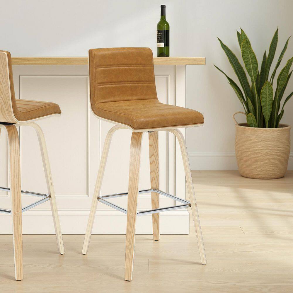 Vienna 39.5 in. H Swivel Bar Height Camel Square Back Wood Bar Stool with Faux Leather Seat Set of 3 price history on PriceWatchPro