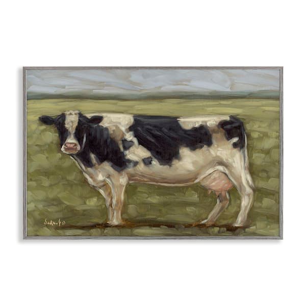 Stupell Industries Painterly Cow on Farm by Sara G. Designs Gray Framed Animal Giclee Art Print 16 in. x 24 in.