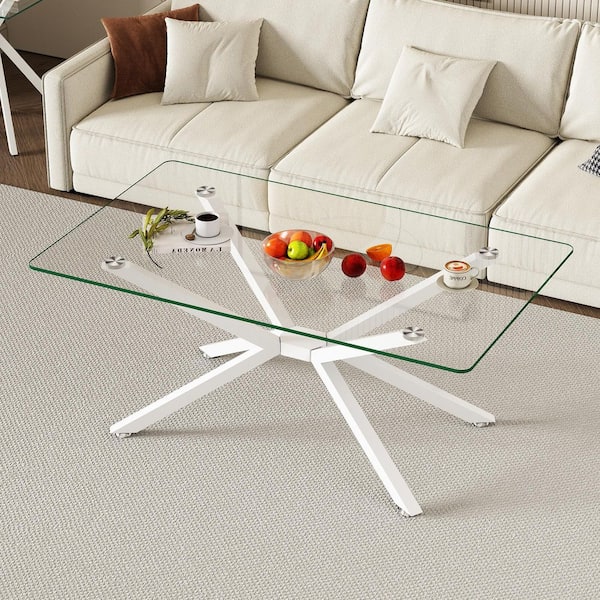 Modern Living Room Center 39 in. White/Clear Rectangle Tempered Glass Coffee Table with White Metal Legs