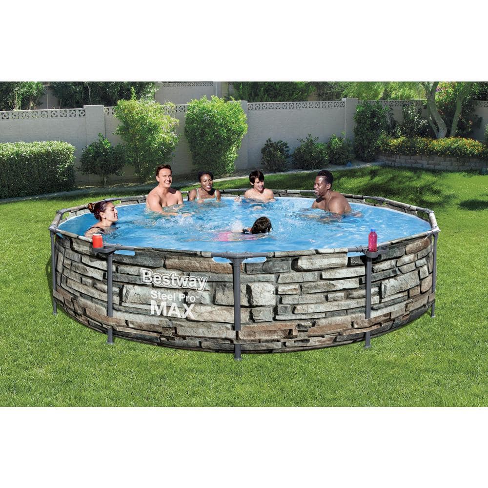 12ft Stone Print Steel Frame Round Above Ground Pool with Filter Pump