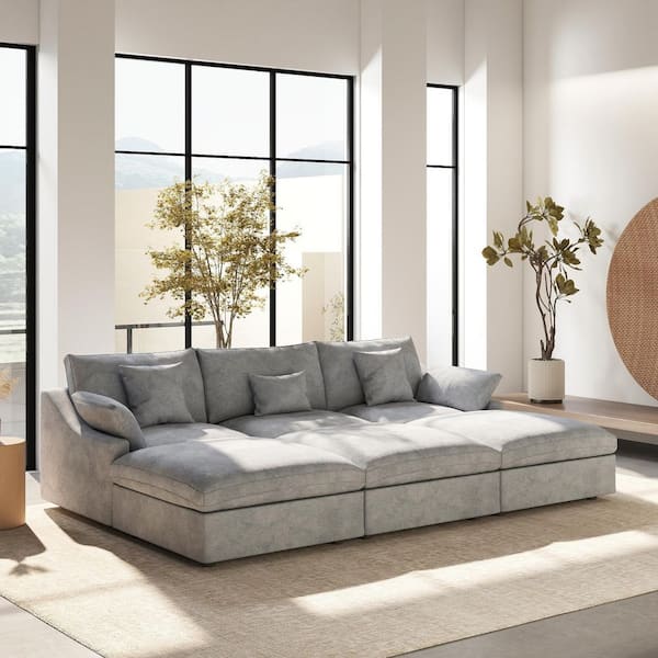 119 in. W Square Arm Linen Upholstered Rectangle 3-Seater Sectional Sofa with 3-Ottoman in Gray
