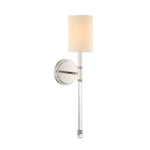 Fremont 5 in. W x 21 in. H 1-Light Polished Nickel Wall Sconce with White Fabric Shade and Glass Arm