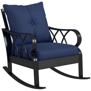 Black Wicker Aluminum Outdoor Rocking Chair with Padded Navy Blue Cushions, Rattan Porch Rocker Chair with Armrest