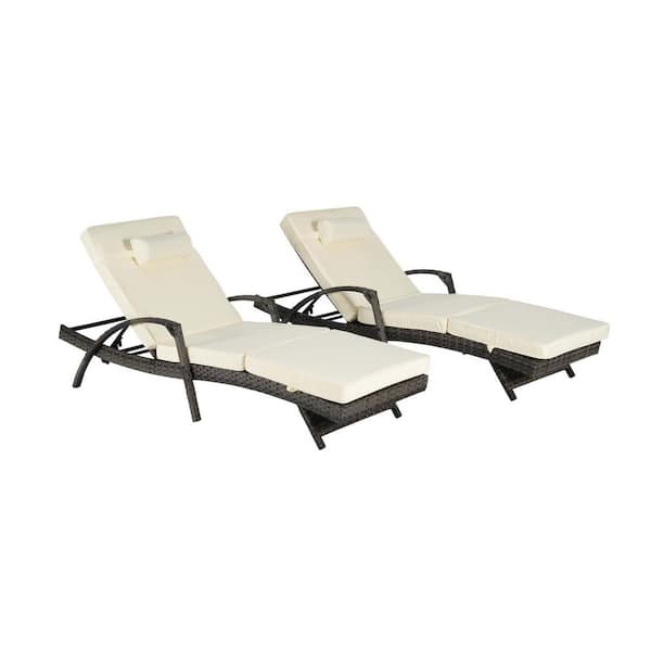 SereneVita Wicker Outdoor Chaise Lounge Patio Reclining Chairs Lounge Chairs with Beige Cushions and Armrest, Set of 2