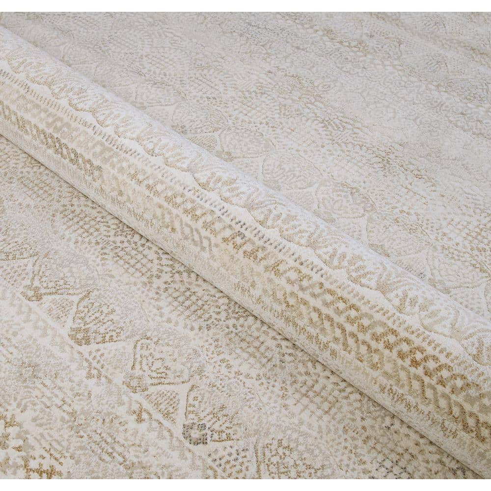 Ivory and Light Grey Floral Synthetic Runner Rug, 2'7" x 7'10"