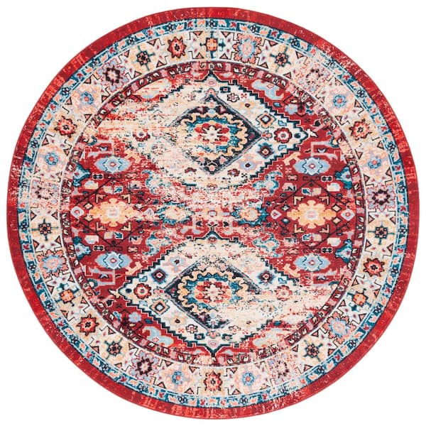 SAFAVIEH Riviera Red/Blue 7 ft. x 7 ft. Machine Washable Medallion Border Round Area Rug