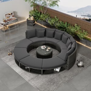 9-Piece Large Wicker Outdoor Sectional Set with Gray Cushions, Pillows and Tempered Glass Coffee Table