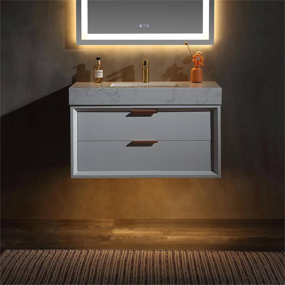 36 in. W x 20.9 in. D x 21.3 in. H Single Sink Wall Mount Bath Vanity in White with Light, White Cultured Marble Top price history on PriceWatchPro