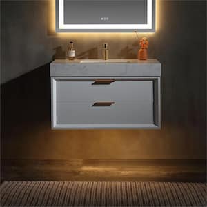 36 in. W x 20.9 in. D x 21.3 in. H Single Sink Wall Mount Bath Vanity in White with Light, White Cultured Marble Top