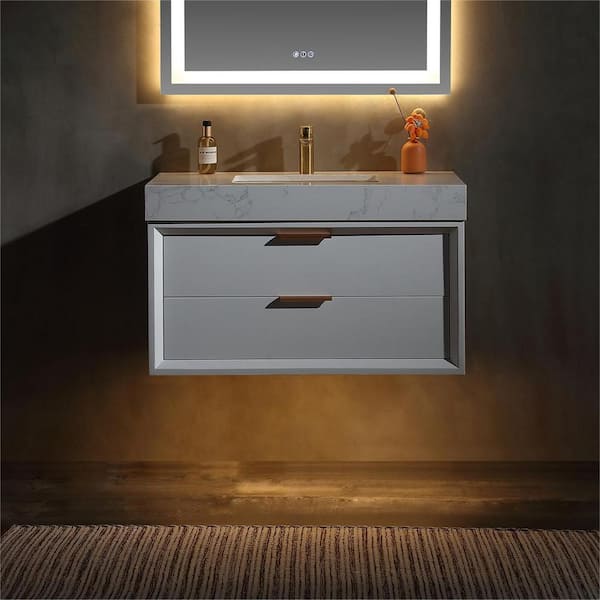 ANGELES HOME 36 in. W x 20.9 in. D x 21.3 in. H Single Sink Wall Mount Bath Vanity in White with Light, White Cultured Marble Top