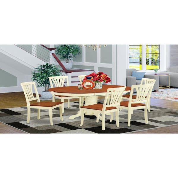 East West Furniture 7-Piece Oval Buttermilk and Cherry Finish Solid Wood Top Dining Table with 6 Chairs with Lattice Back