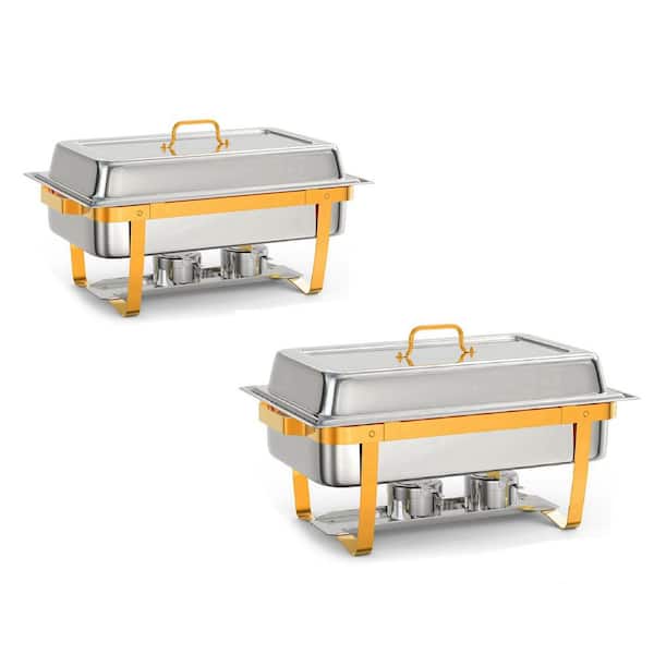 2 Pack 8 Qt. Stainless Steel Rectangular Chafing Dish Buffet Set with Full-Size Pan & Gold Stand