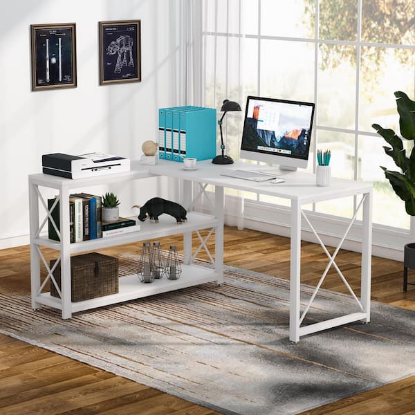 Tribesigns L Shaped Computer Desk with Reversible Storage Shelves,  Industrial Corner Desk Writing Study Table for Home Office Workstation,  White 